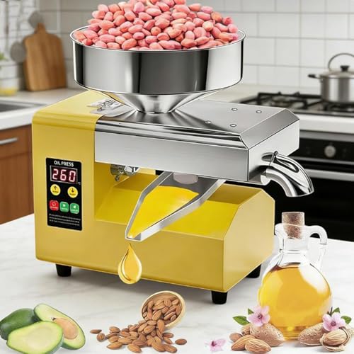 Prensa de aceite comercial de 1100 W para oliva, cacahuete, coco y sésamo, doble modo caliente/frío, extractor automático silencioso de acero inoxidable, salida de 5-9 kg/h