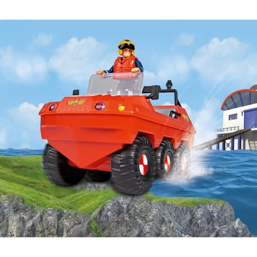 SIMBA 109251051038 Feuerwehrmann Sam Hydrus Mit Figur 20 cm Offizielles lizensiertes Feuerwehrfahrzeug fährt mit 6 Rädern, kann auf dem Wasser Schwimmen; Feuerwehrmann Spielen, Geschenk für Kinder ab