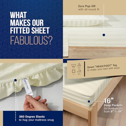 Image of TEXAS LINEN CO. 100% Egyptian Cotton Full Size Sheet Set - Luxury 1000 Series Lonestar Lovin' Damask Bed Sheets Full Size (4 PC, Ivory Stripe), Cooling, 16 inch Deep Pocket Extra Long Staple Hotel Sheets