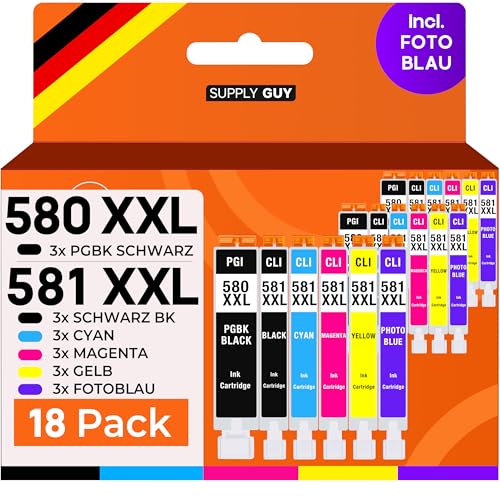 Supply Guy 580XXL 581XXL Druckerpatronen kompatibel mit Canon PGI-580 CLI-581 Patronen mit Fotoblau passend für Pixma TS8150 TS8250 TS8350 TS8350a TS8351 TS8351a TS8352 Multipack 18 Tintenpatronen