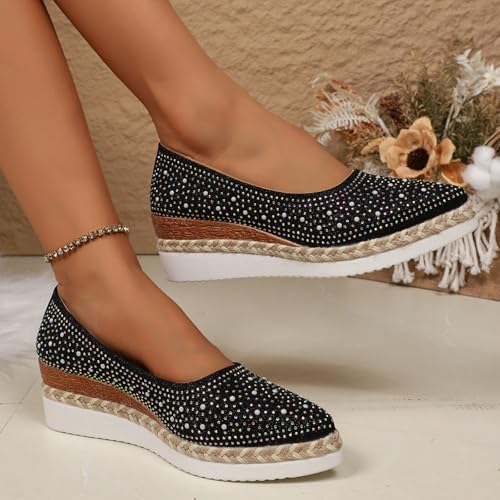 Rhinestones Wedge Shoes for Women 2025 Dressy Espadrilles Wedges Pumps Fashion Closed Pointed Toe Slip On Bling Sparkly Platform Loafers Comfortable Walking Wedding Party Dress Shoes3