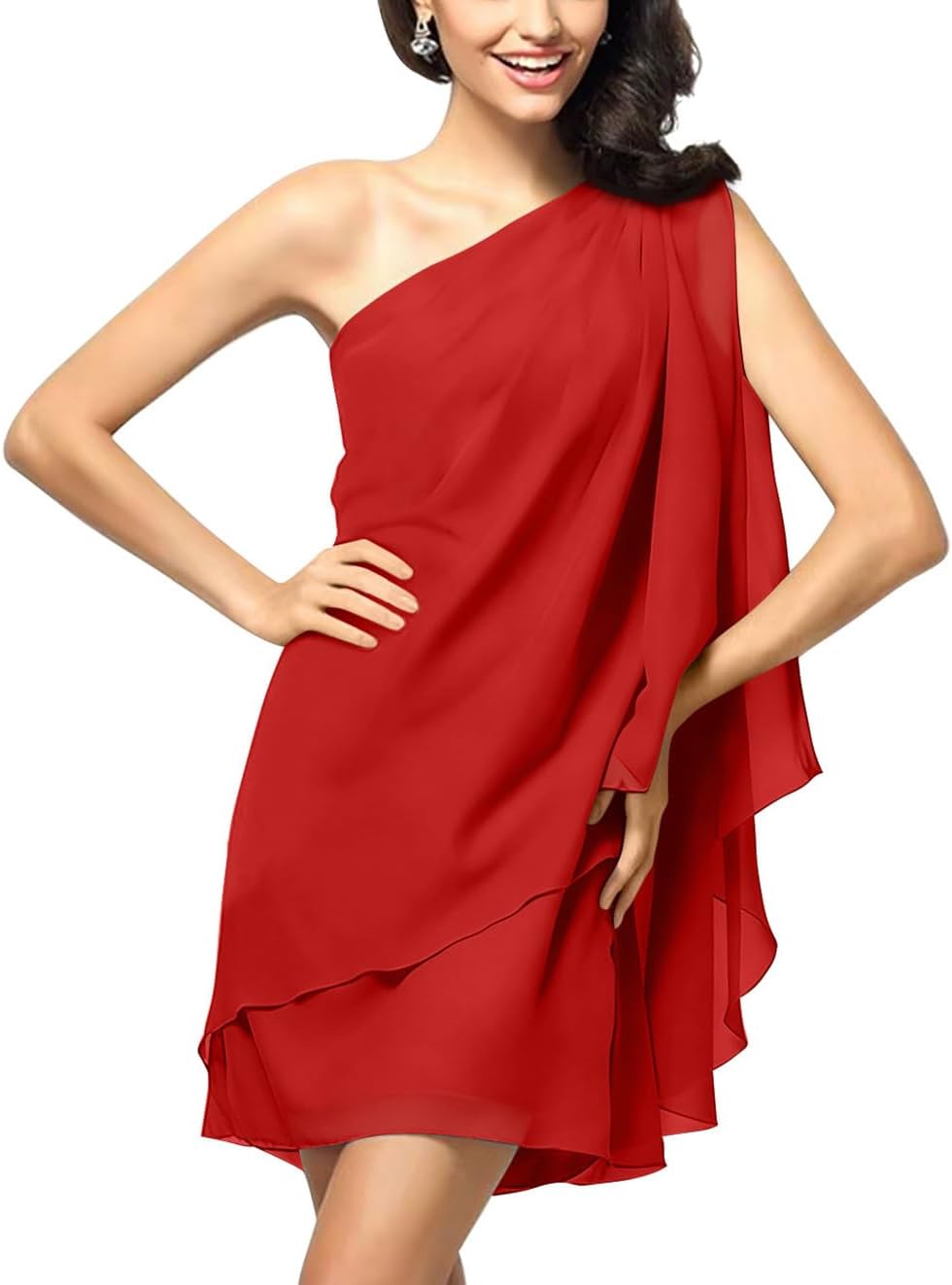 GOBLES Women's Summer Elegant One Shoulder Mesh Mini Party Dress with Flowing Cape