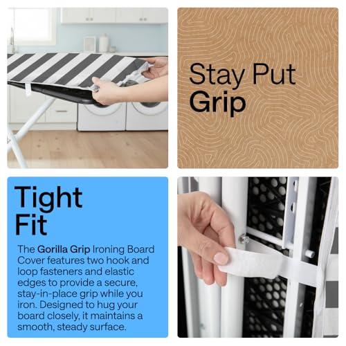 Image of Gorilla Grip Reflective Silicone Ironing Board Cover, Resist Scorching and Staining, 15x54, Hook and Loop Fastener Straps, Pads Fit Standard Boards, Elastic Edge, Thick Padding, Stripe White Gray