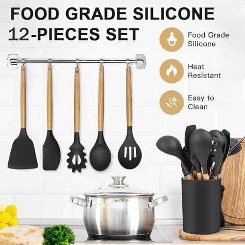 Kitchen Utensil Set, 12 PCS Silicone Cooking Utensils Set with Wooden Handle, Heat Resistant, Nonstick Cookware Tongs Spatula Spoon Set, Dishwasher Safe, Best Kitchen Tools (Black) - Image 4