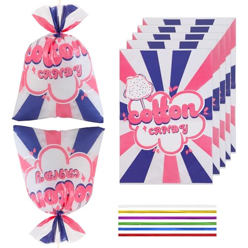 Image of 25 Pcs Cotton Candy Bags with Ties, 12 x 18 Inch Clear Printed OPP Bags for Large Fluffy Cotton Candy, Carnivals, Circus, Birthday Parties & Concession Stand Supplies