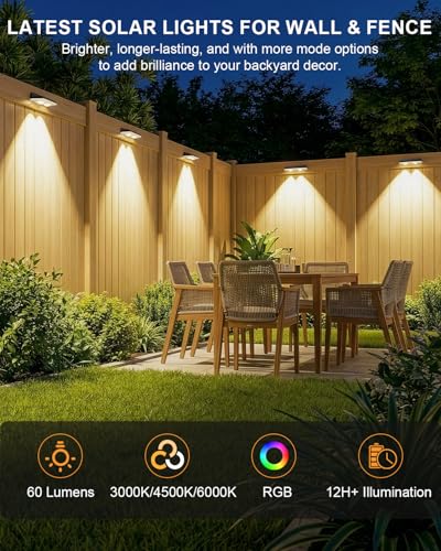 Image of Solar Fence Lights Outdoor,3000 /4500 /6000K 13 Mode, 2 Pack Fence Lights Solar Powered with Ultra-Bright Lens IP65 Waterproof,Solar Wall Light for Backyard /Step /Patio /Deck /Stair /Railings