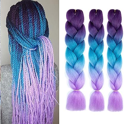 Braiding Hair Extensions for Women 3 Packs 100g/Pack 24Inch High Temperature Ombre Jumbo Synthetic Braiding Hair for Twist Crochet Braids (purple-lake blue-light purple-3Pcs) Cover