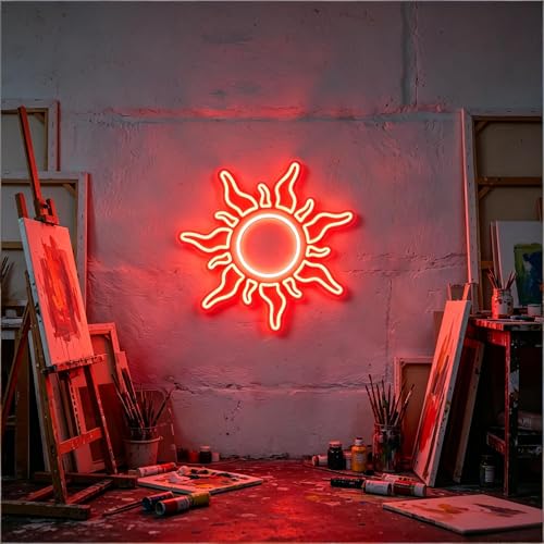 Image of Sun Neon Sign, USB Powered Dimmable Neon Light, Home Bedroom Game Room Cafe Bar Party Decor, Modern Style Wall Art, Gift for Teens Boys Girls, 11.8 Inch Red LED Light Up Decorative Sign