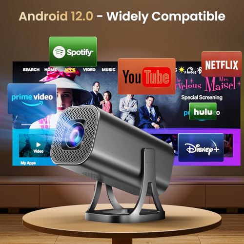 Mini Beamer 4k 1080P Unterstützung Projektor Klein 22000L mit WiFi 6 Bluetooth 5.4 Heimkino Smart Beamer Handy 270° Drehen mit Android 12.0 Auto Keystone für PC/HDMI/USB/TF Karte