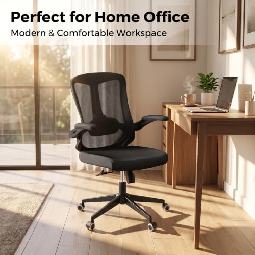 Image of Comfy Office Chair, Adjustable Lumbar Support Desk Chair, Black | Ergonomic Office Chair with Flip-up Armrests, 400LBS Capacity Breathable Mesh Computer Chair for Home Offices, Study, Gaming