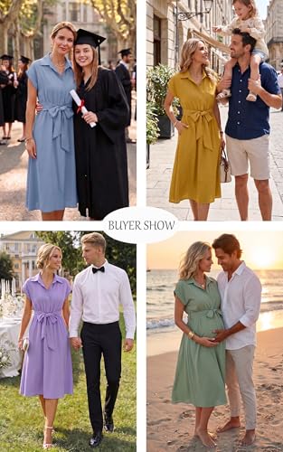 Image of ECOWISH Womens Casual Midi Dresses Solid V Neck Short Sleeve Button Shirt Belted Dress with Pockets for Spring Summer 2026