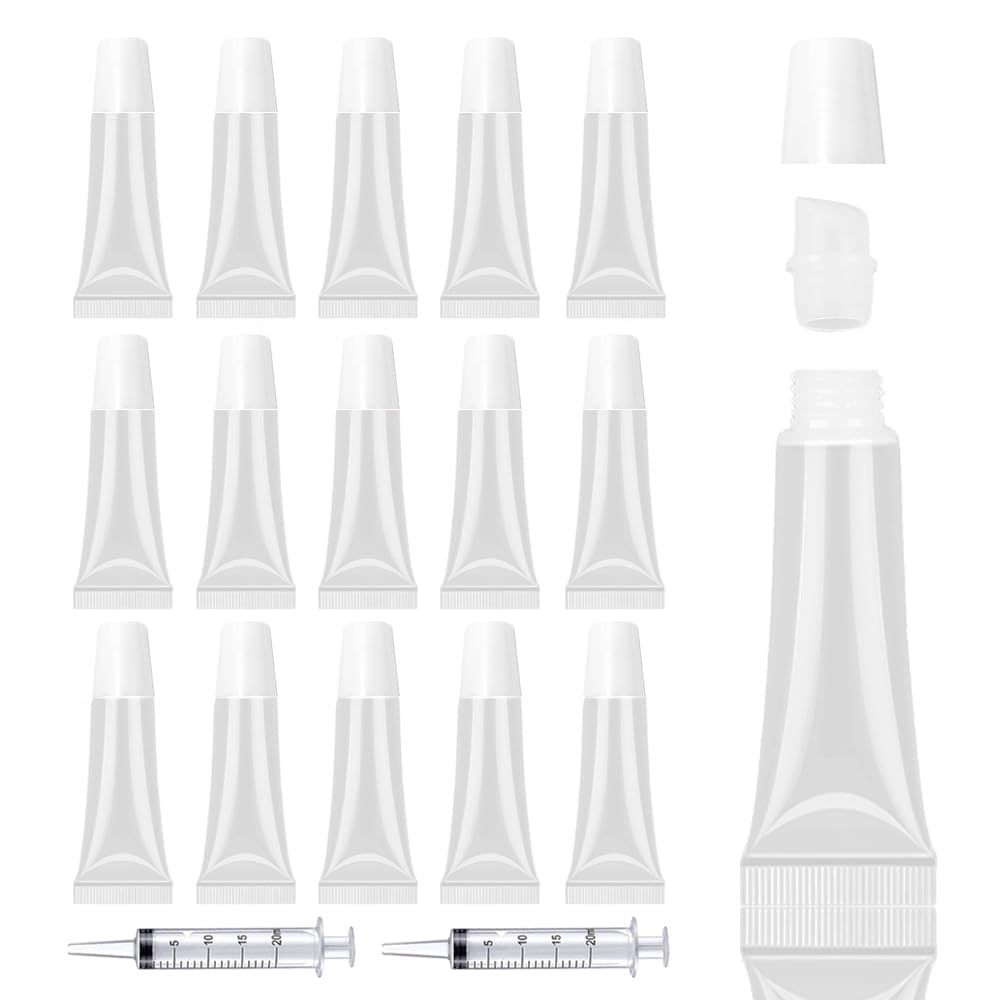 AMORIX 50PCS 10ml Lip Gloss Tubes Clear Empty Lip Balm Containers with White Cap Refillable Soft Cosmetic Squeeze Tubes for Lip Gloss Base Glitter Pigment Powder 2 Syringes + Tag Labels Stickers
