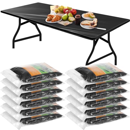 Image of Boao 12 Plastic Elastic Fitted Tablecloths, 8 Ft, 96 x 30 Inch, Black