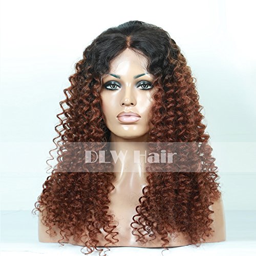 DLW Hair Ombre #1b/#30 Kinky Curly Virgin Brazilian Real Human Hair Lace Front Wig 130% Density Wigs for Black Women African American 16inch