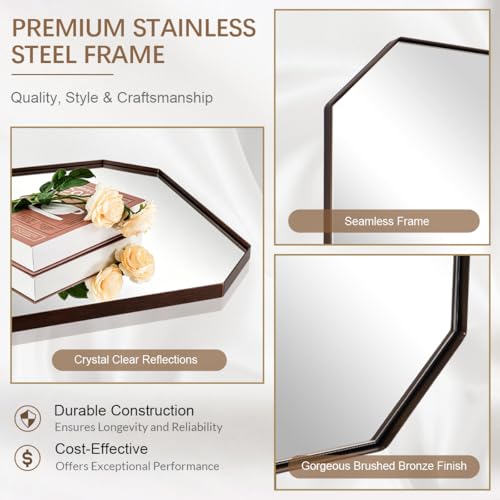 Image of ANDY STAR Bronze Octagon Bathroom Mirror, 24x36 Inch Stainless Steel Metal Frame, Anti-Rust, Shatterproof HD Glass, Wall Mounted for Bathroom, Bedroom, Living Room
