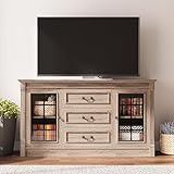 IRONCK Farmhouse TV Stand for 65 Inch TV with Outlets, 59' Entertainment Center with 3 Drawers and 2 Storage Cabinet, Glass Doors and Adjustable Shelf, Console Tables for Living Room, Light Rustic Oak