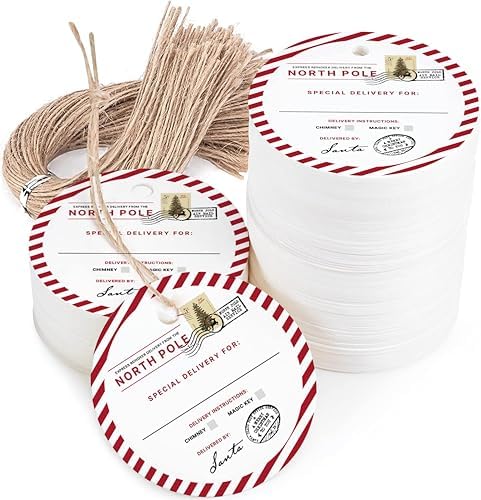 50 Large Christmas Gift Tags with String Attached - Cute Merry Christmas Tags for Gifts, Bag Presents, and Package Wrap - Tie On Holiday Gift Name Tag for Personalized Xmas Gifts and Bags (North Pole)