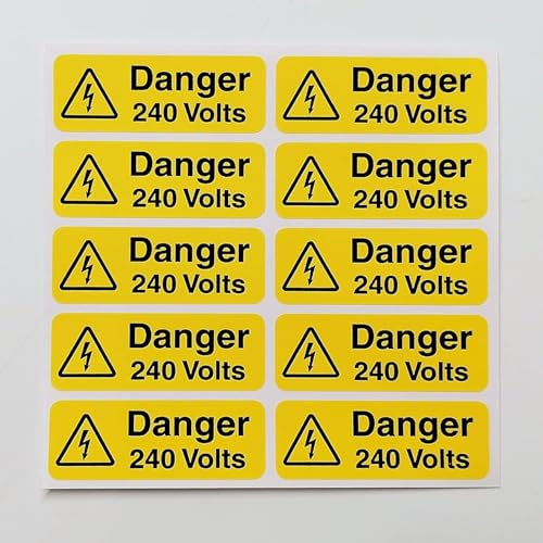 Pack of 10 - Danger 240 volts electrical safety signs - Size 55mm x 20mm - Self adhesive vinyl stickers - Informs people of electrical hazards