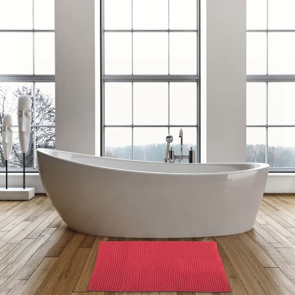 MSV - Lot de 2 Tapis de Bain Microfibre Chenille - Poils Longs Anti-dérapant - Lavable en Machine - Boucle d'Accrochage Pratique - Confort et Hygiène Optimisés - Rouge - 50x80 cm