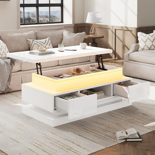 Rosebibi Mesa de centro elevable 100 x 50 x 40 cm con 2 cajones, mesa auxiliar brillante con LED, mesa de sofá, mesa de café, mesa de salón con espacio de almacenamiento oculto, color blanco