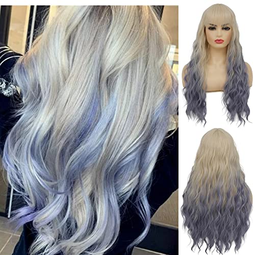 Image of Swiking Blonde Ombre Blue Curly Women Wigs with Bangs Wave Long Blonde Synthetic Hair Halloween Cosplay Daily Natural Full Wig