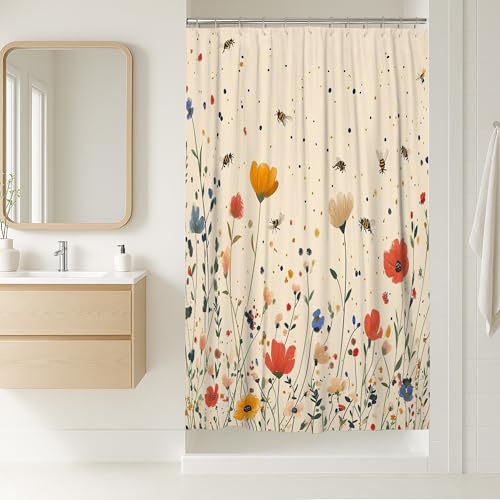 Duschvorhang mit Blumenmotiv, Frühlingsblumen, Biene, Punkte, Frühling, gelb, wasserdicht, Stoff, Toilettenstoff, Duschvorhänge für Badezimmer, Badewanne, Wohnung, Dekoration, 91,4 x 183,9 cm