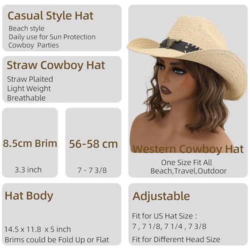Image of Straw Cowboy Hat, Western Cowgirl Hat, Wide Brim Sun Beach Hat for Men and Women