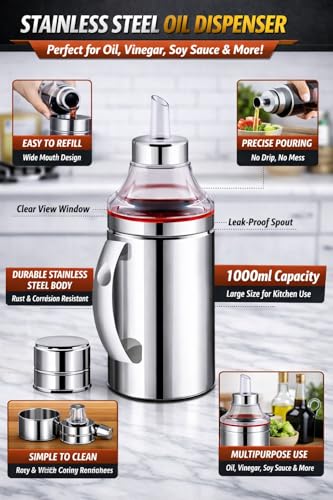 Image of Stainless Steel Oil Dispenser with Nozzle 1 Litre (1000 ml) Pack of 2