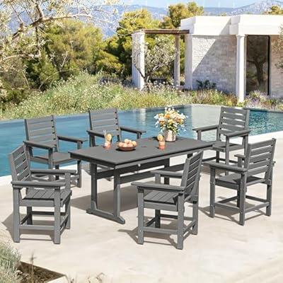 Homenjoy 7 Piece Patio Dining Set, 66" Rectangle HDPS Weather Resistant Outdoor Table & 6 Patio Chairs Set with 1.96" Umbrella Hole, Heavy Duty Chairs for Backyard Balcony Deck, Grey