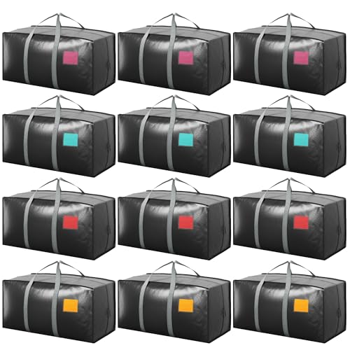 Image of 12 Pack Moving Bags with Full-Open Side Zipper, Extra Large 93L Heavy Duty Waterproof Foldable Storage Totes for College Dorm, Moving & Home Organization Gray