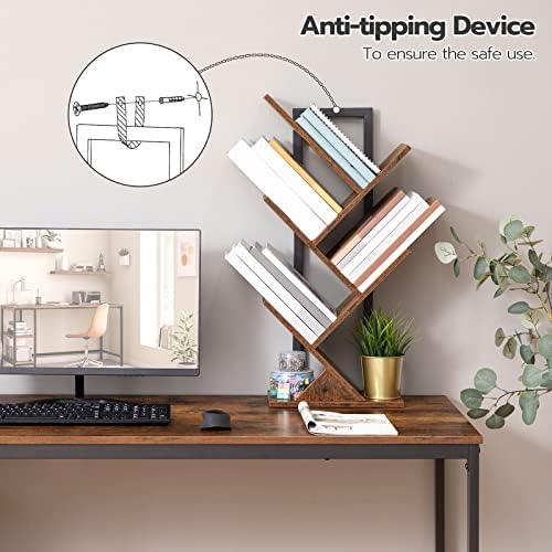 HOOBRO Tree Bookshelf, Tree Shaped Book Shelves with Metal Frame, Floor Free Standing Desktop Bookshelf for Living Room, Kitchen, Home Office, Display Book Magazine CDs Rack, Rustic Brown EBF04SJ01
