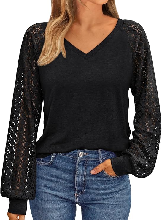 Womens Shirt Long Lace Sleeve V Neck Shirts Basic Tee Fall Tops Outfits Clothes