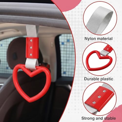 Image of 2PCS Heart Shaped Car Handle Straps, Rear Bumper Warning Keychain Ring for Car Exterior Accessories (Red-Silver)