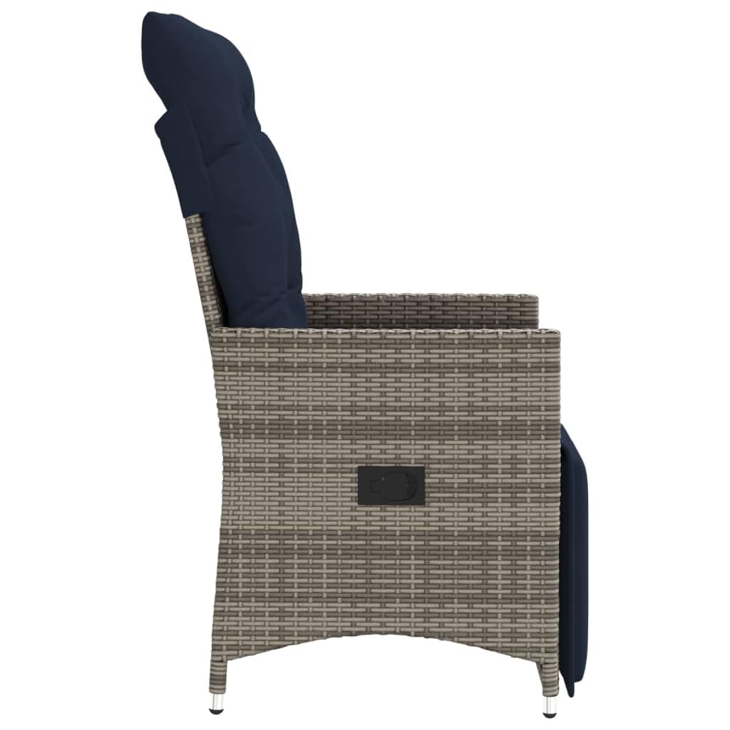Lot de 2 fauteuils de Jardin extérieur inclinables en rotin synthétique Gris 56 x 59 x 92 cm Dossier et Repose-Pieds réglables Coussin Bleu Marine Amovible pour terrasse Balcon Bain de Soleil