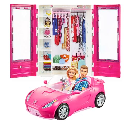 Muñecas Barbie y Ken con armario y auto convertible rosa miniatura 2