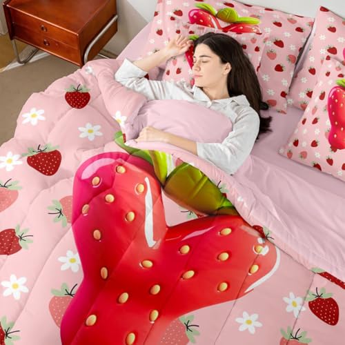 Image of Feelyou Girls Strawberry Comforter Set with Sheets 7 Piece Full Size Pink Strawberry Bedding Set for Kids Boys Girls Initial Letter Y Bed in a Bag Room Decor Soft Lightweight Microfiber