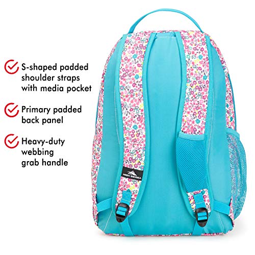 Image of High Sierra Curve Backpack, Prairie Floral /Tropic Teal - All-Around Bag with Large Main Compartment and Media Pocket with USB /Cable Port - Ideal for Travelers, Students, and Athletes