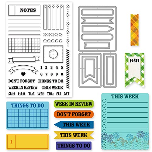 INFUNLY Stamps and Dies for Card Making Cutting Die and Stamps for Journalism Weekly Plan Silicone Clear Stamp and Die Set Silicone Planner Stamps for DIY Scrapbooking Journal Making Supplies