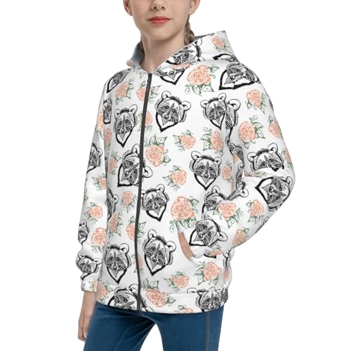 Raccoon and Flower Kid Hoodies Boys Zip Up Sweatshirts Girls Pullover with Pocket