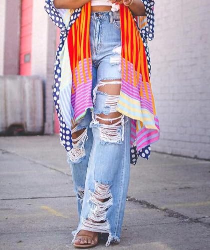 Women's Trend Distressed Ripped Jeans High Waisted Cutout Straight Baggy Wide Leg Denim Pants Plus Size Long Pants3