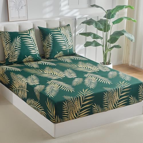 Tokokimo Drap Housse 160x200 cm 2 Personnes, 35CM Grand Bonnet, avec 2 Taie d'oreiller 65x65 - Drap Housse Microfibre Doux à Motif Feuilles Tropicales, Vert...