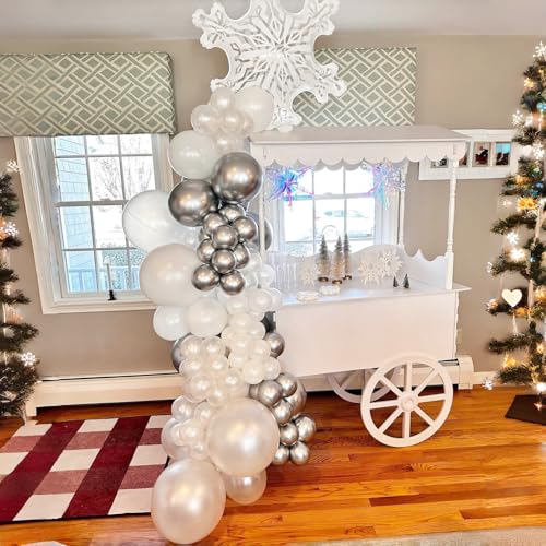 Image of Pearl White Winter Wonderland Balloons, 12 Inch Pearl Sand White and Metallic Silver Snowflakes Balloons for Ice Snow Wonderland Wedding Baby Shower Birthday Christmas New Year's Party Decorations