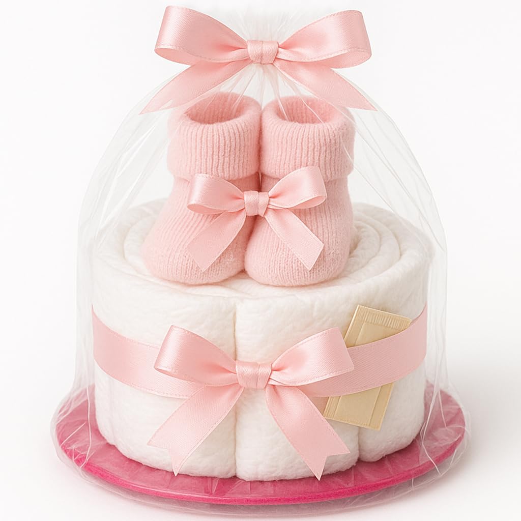 Torta di pannolini da bambina rosa con calzini, regalo per nascita per mamma, battesimo o baby shower, idea regalo con pannolini appena nati, biglietto di auguri incluso