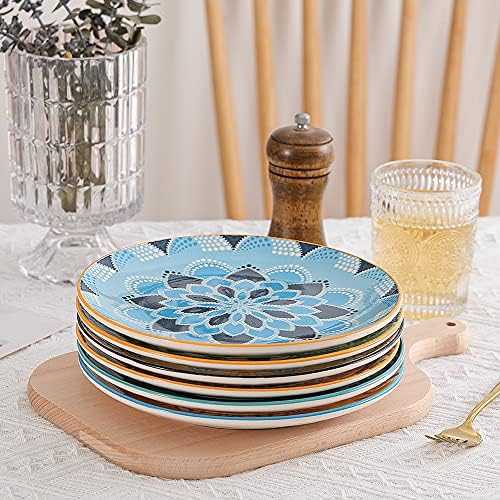 Plate Set 8 Inch - Salad Plates | Dessert Appetizer Plates Colorful - Porcelain Lunch Plates - Set of 6 - Dishwasher and Microwave Safe