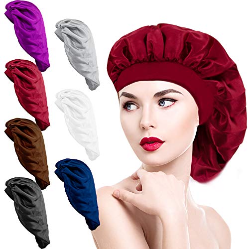 Duufin 7 Packs Sleep Bonnet Satin Sleep Cap Extra Large Sleeping Caps Women Bonnets Hair Loss Cap Night Cap Salon Sleep Bonnet Cap Hat Wide Band Bonnets for Curly Long Hair