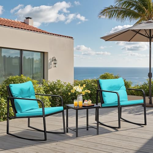Image of Greesum 3 Pieces Rocking Wicker Bistro Set,Patio Conversation Sets,Blue
