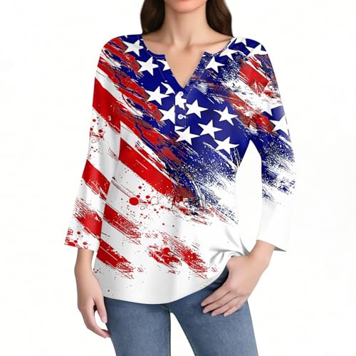 Image of 4th of July Shirts Women 3 /4 Length Sleeve Womens Tops Henley Neck Casual Patriotic T Shirts