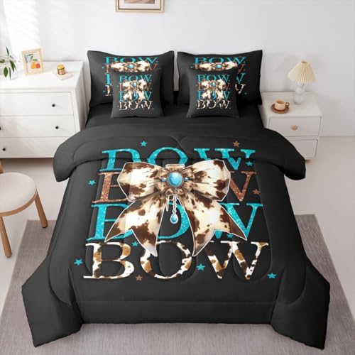 Image of Cowhide Bow Full Size Bed Sheets and Comforter Set | Dreamy Princess Style Bowknot 7-Piece Bedding Set Cow Print Bow Tie Bed in a Bag, Kawaii Geometric Bow-Tie Bed Sets,Cute Room Decor Aesthetic