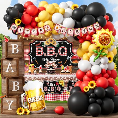 BBQ Baby Shower Decorations, It's a Baby Q Baby Shower Décor Supplies Full Set Balloon Garland Banner Cake Cupcake Topper Backdrop Tablecloth Boxes BabyQ Rustic Barbecue Boy BBQ Shower Decorations Kit