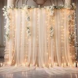 10x10ft Champagne Tulle Backdrop Curtain with Lights String for Parites, Sheer Photo Backdrop Curtains for Wedding Ceremony Bridal Shower Baby Shower Birthday Party Photo Shoot Background Decorations